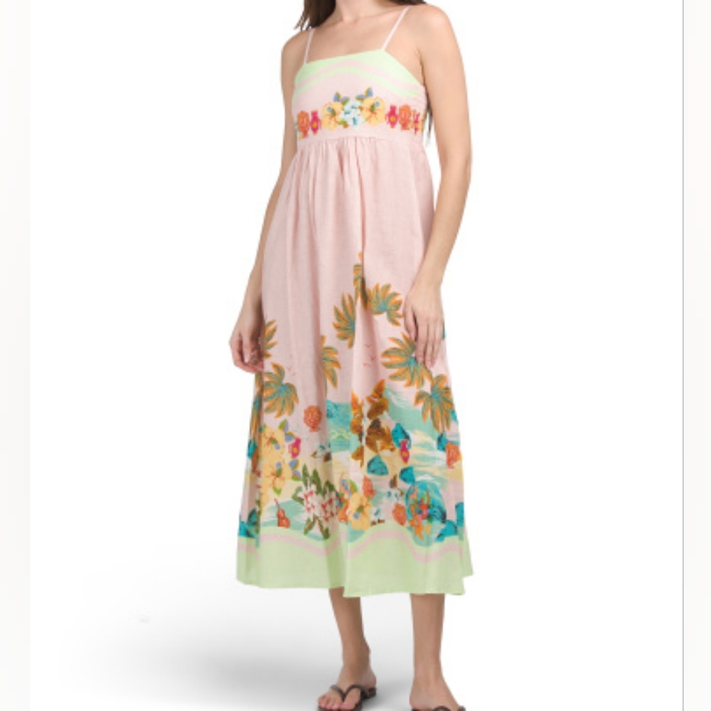 NWT - Italy Linen Blend Le Ragazze Pink Tropical Print Midi Sundress - Size XL
